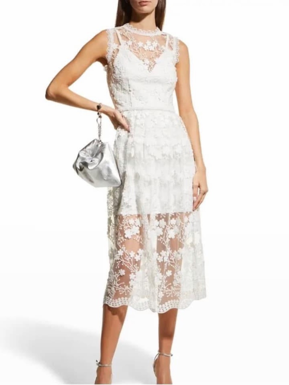 Bronx and Banco Ivory Floral Lace Midi Dress Medium